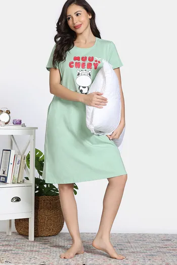 Buy Zivame Fashion Knit Cotton Night Dress - Quiet Green
